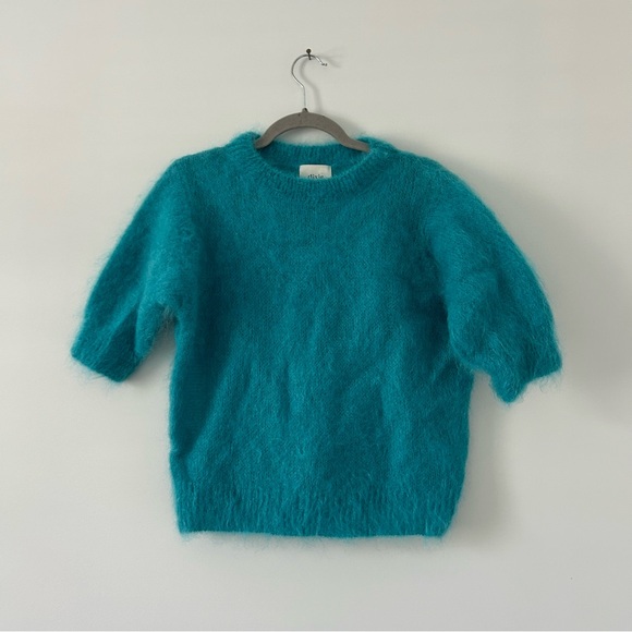 Dixie Teal Mohair Mock Turtleneck Short Sleeve Knit Cropped Retro Sweater S - Picture 2 of 10